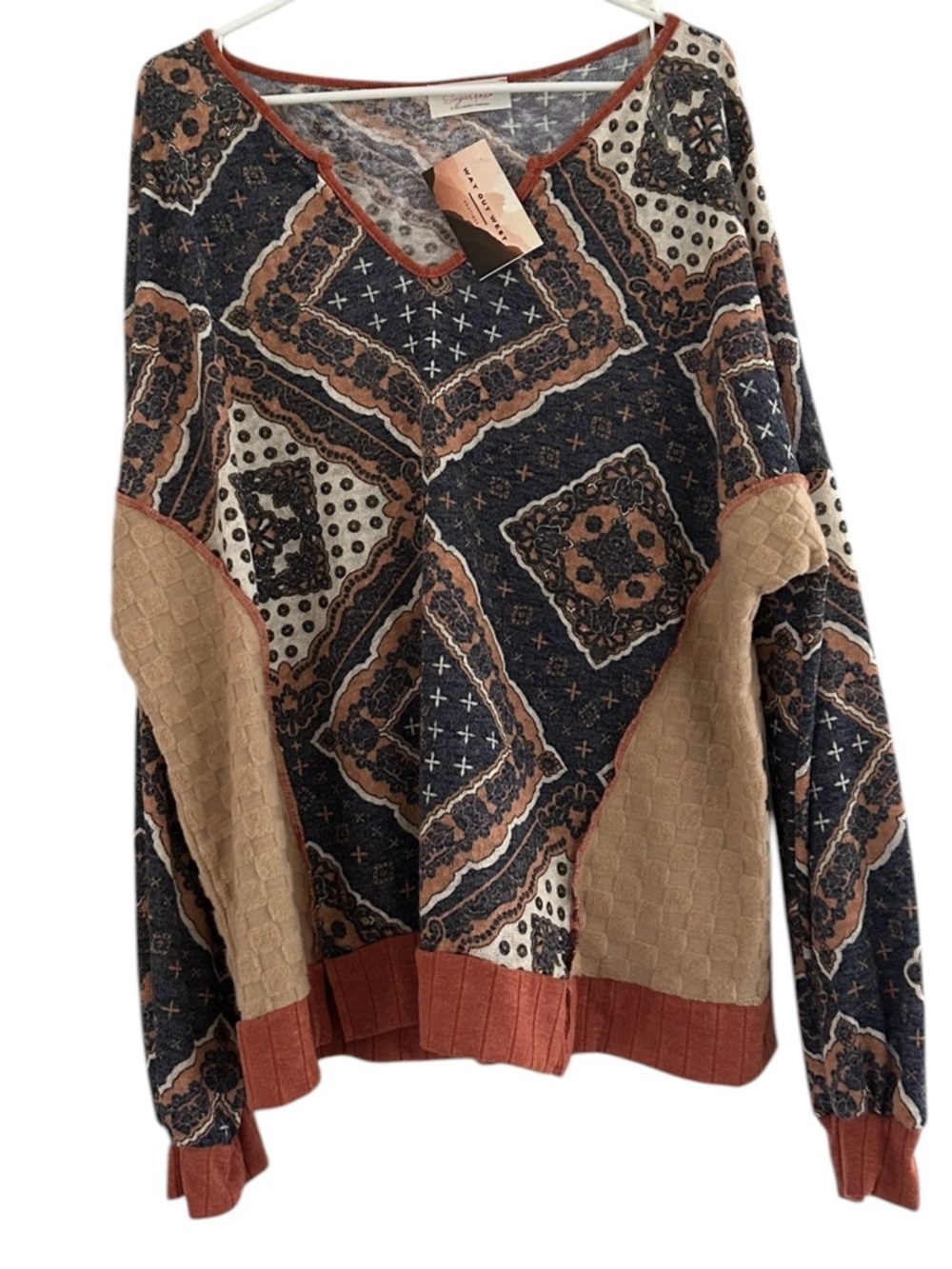 Sugarfox Mixed Media Patchwork Pullover Top - Boho Western Bandana Print - 3XL